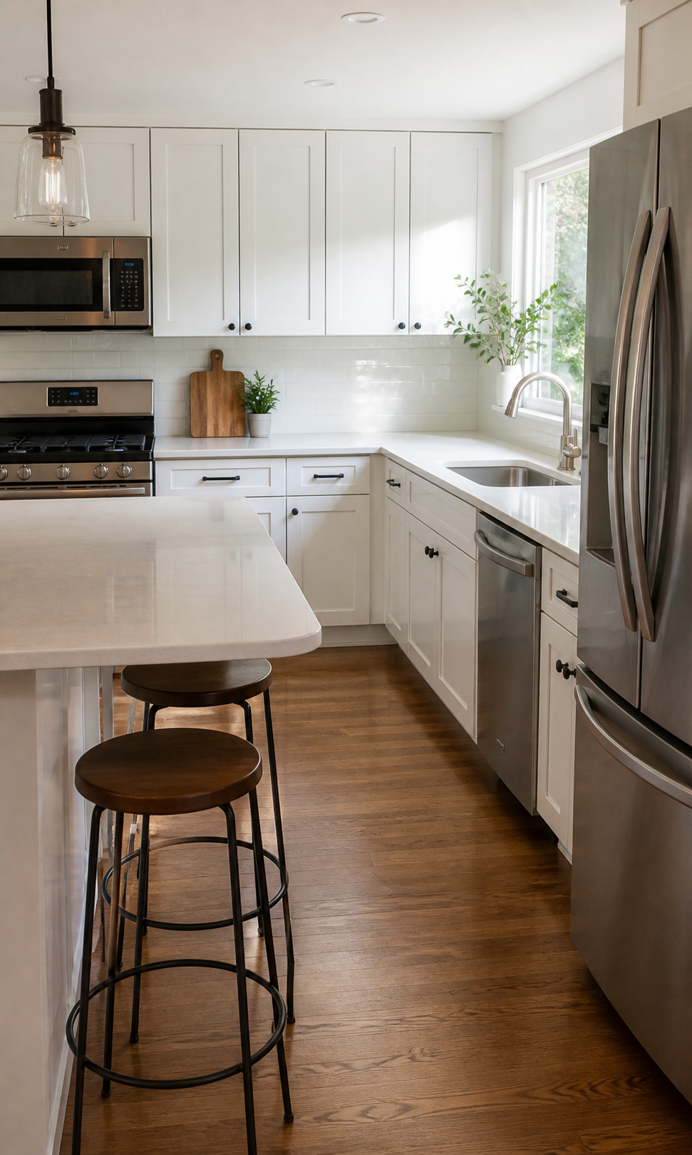 Freshly cleaned Austin kitchen with bright counters, wood floors, and stainless appliances