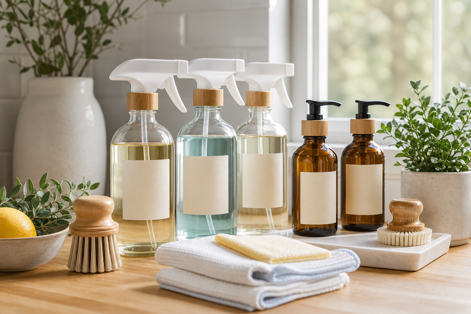 Refillable eco-friendly cleaning bottles with plants and microfiber towels