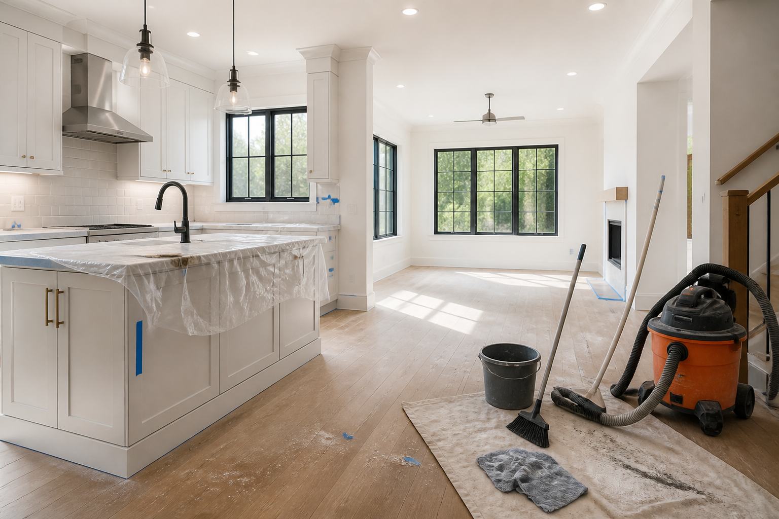 Modern home construction cleanup with protective sheeting and cleaning tools