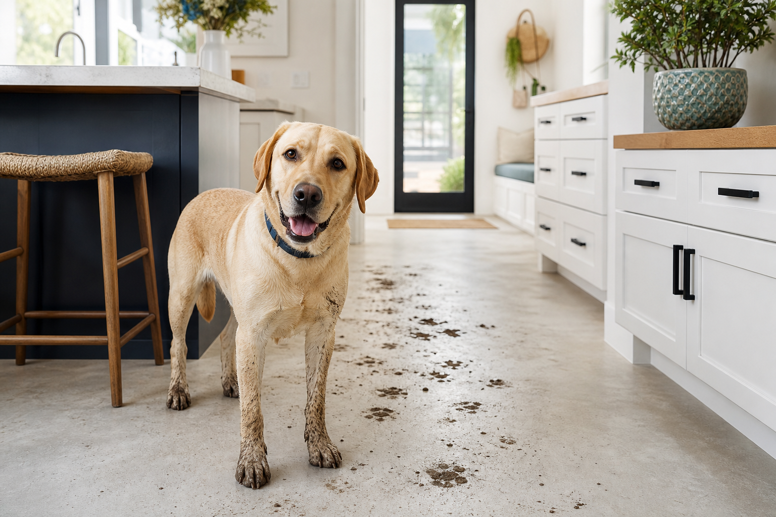 Yellow Labrador with muddy paws after tracking mud on a clean floor